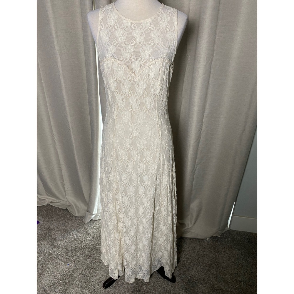 Vintage 90s Florencia Fiume Lace Maxi Dress Pearl Button Back Bow Cream Medium